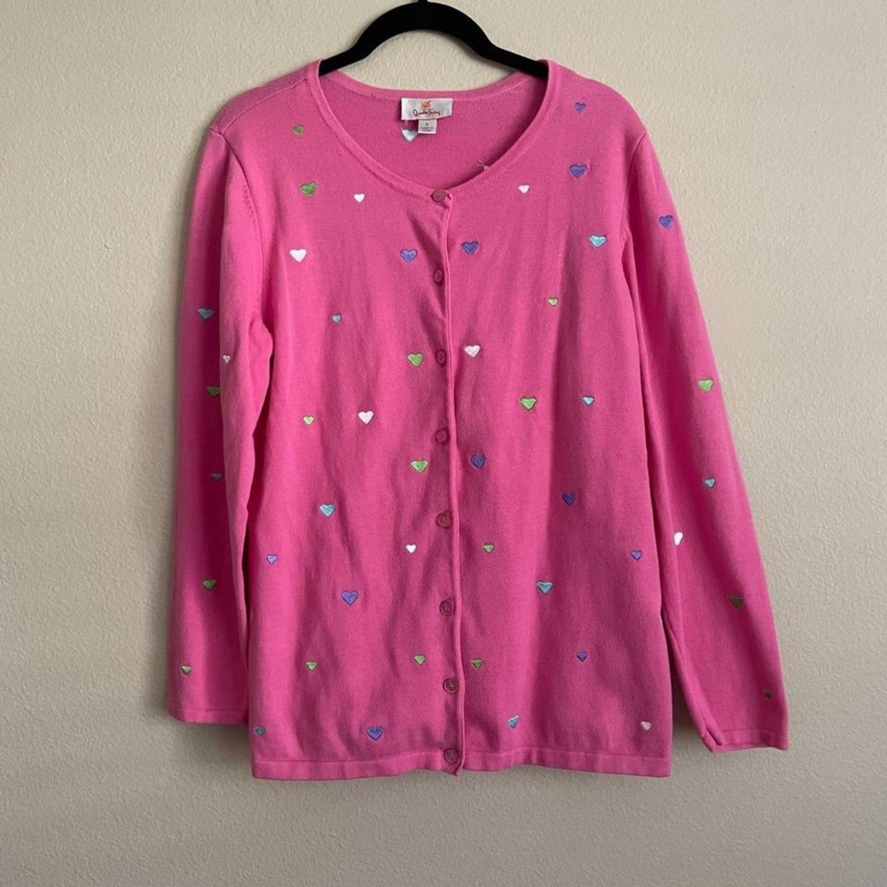Quarker Factory Embroidered Hearts Cardigan Layering Glitter Button‎ Grandma S